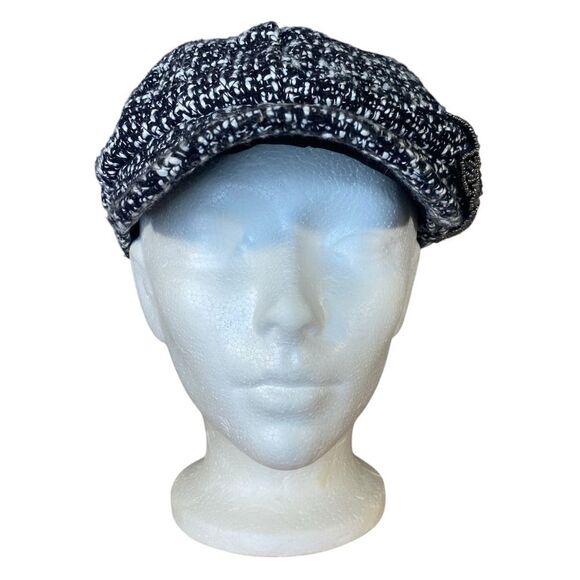 News Boy Cap Black White Tweed Hat with Rhinestone Applique Fully Lined - Picture 2 of 8